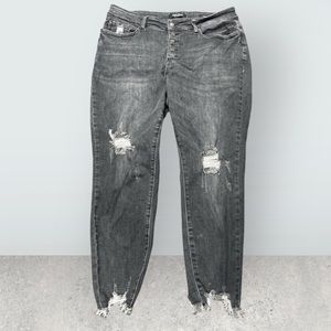 Judy Blue Women's High Waist Skinny Exposed Button Fly Destroyed Black